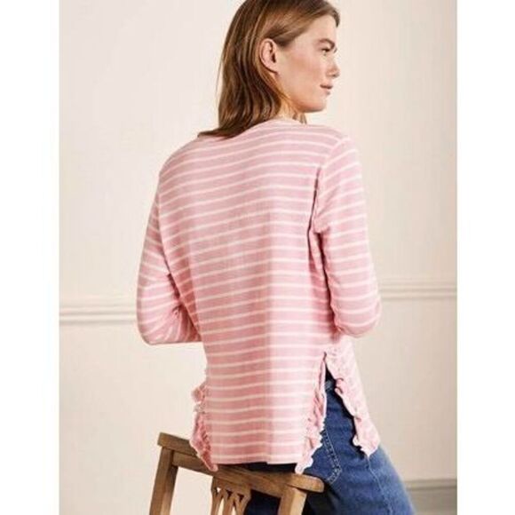 Boden Frilled Side Split Jersey Top pink white stripe ruffle cuff size 6 - Picture 2 of 9